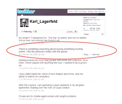 Screen shot af Karl Lagerfelds tweet februar 2009.