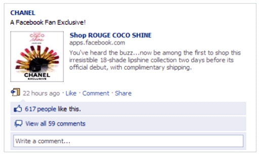 Screen shoot af Chanels”Shop Rouge Coco Shine” på Facebook